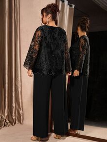 Cravure Plus Size Crew Neck Loose Floral Lace Jacquard Top And Straight Leg Pants 2 Pieces Set - Black - View 2