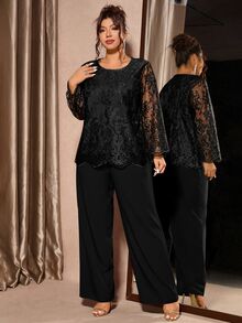 Cravure Plus Size Crew Neck Loose Floral Lace Jacquard Top And Straight Leg Pants 2 Pieces Set - Black - View 4