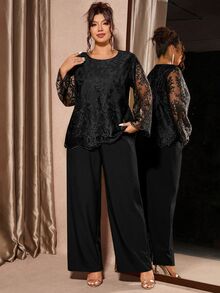 Cravure Plus Size Crew Neck Loose Floral Lace Jacquard Top And Straight Leg Pants 2 Pieces Set - Black - View 3