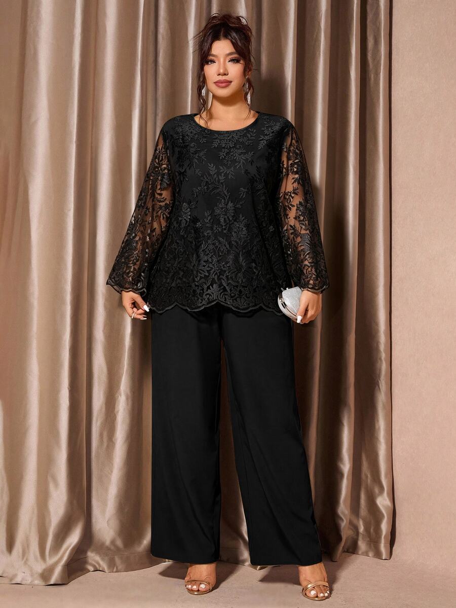 Cravure Plus Size Crew Neck Loose Floral Lace Jacquard Top And Straight Leg Pants 2 Pieces Set - Black - View 1