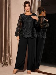 Cravure Plus Size Crew Neck Loose Floral Lace Jacquard Top And Straight Leg Pants 2 Pieces Set - Black - View 5