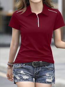 INAWLY Women's Contrast Color Print Short Sleeve Simple T-Shirt - Red - View 4