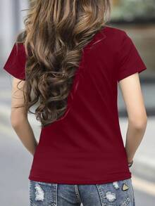 INAWLY Women's Contrast Color Print Short Sleeve Simple T-Shirt - Red - View 2