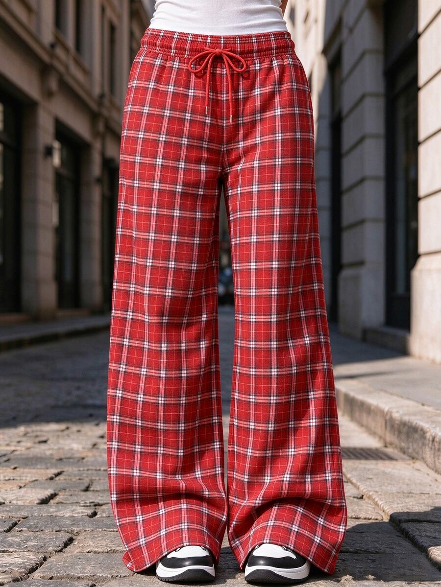 Resyla Women's Casual Sweatpants With Scottish Red Plaid Print, Perfect For Fall And Winter; Christmas Plaid Pants, Perfect For The Holidays - Multicolor - View 1