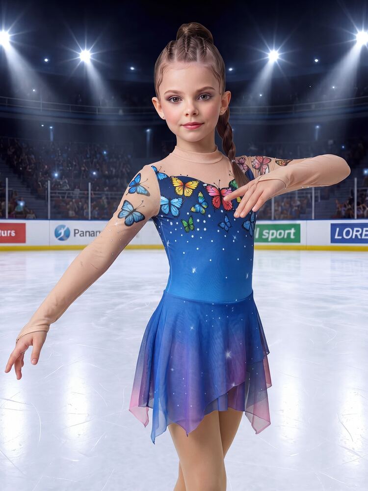Young Girls Butterfly Print Figure Skating Dress,Team Competition Training Skating Outfit,Cute Elegant Blue Summer Fairy Floral Mesh Skirt Sportswear - Blue - View 6