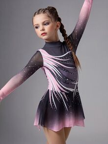 SHEIN Young Girls Floral Figure Skating Dress, High-Stretch Fitted Design With Artistic Printed Pattern, Smooth Mesh Skirt Hem And Sleeves - Black - View 2