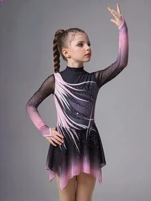 SHEIN Young Girls Floral Figure Skating Dress, High-Stretch Fitted Design With Artistic Printed Pattern, Smooth Mesh Skirt Hem And Sleeves - Black - View 4