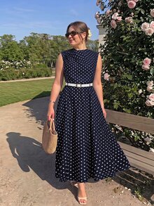 SHEIN MOD Plus Size Long Vintage Polka Dot Dress With Belt, Brown - Navy Blue - View 1