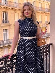 SHEIN MOD Plus Size Long Vintage Polka Dot Dress With Belt, Brown - Navy Blue - View 8