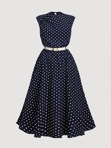 SHEIN MOD Plus Size Long Vintage Polka Dot Dress With Belt, Brown - Navy Blue - View 2