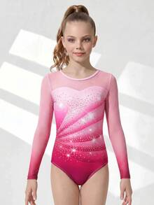SHEIN Professional Gymnastics Leotard For Tween Girls, Cute Campus Style, Suitable For Back To School Season - Hot Pink - View 3