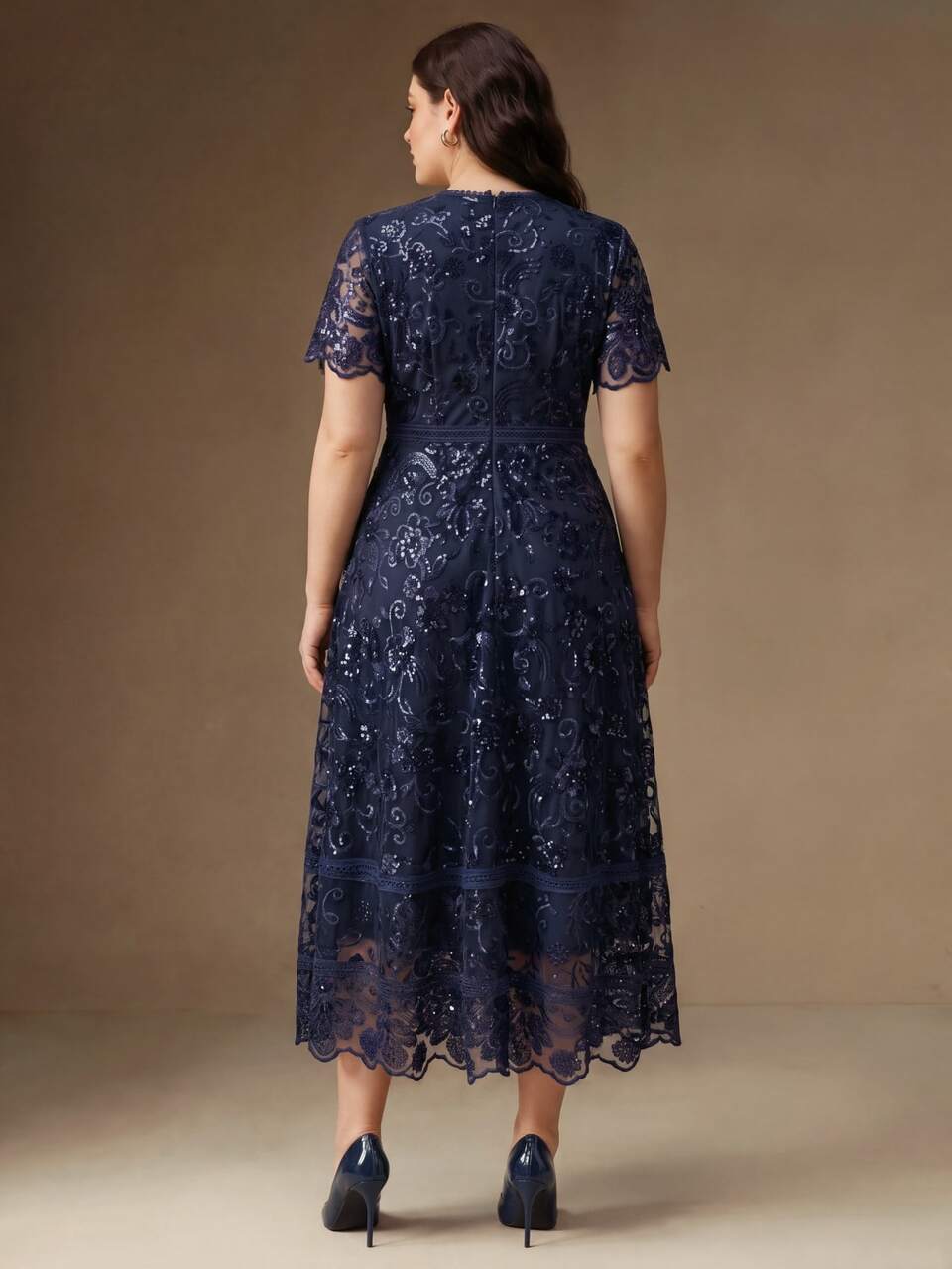 Elegant Navy Blue High-End Party Date 3D Floral Mesh Sequin Short Sleeve Dress