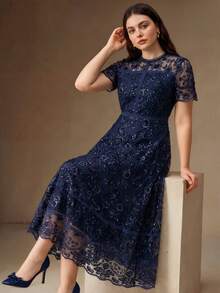 Anewsta Elegant Romantic Navy Blue 3D Floral Sequin Mesh Short Sleeve Dress – Wedding Guest, Party Formal Occasion, Plus Size Summer - Navy Blue - View 4