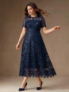Anewsta Elegant Romantic Navy Blue 3D Floral Sequin Mesh Short Sleeve Dress – Wedding Guest, Party Formal Occasion, Plus Size Summer - Navy Blue - View 5