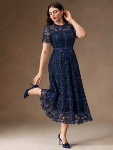 Anewsta Elegant Romantic Navy Blue 3D Floral Sequin Mesh Short Sleeve Dress – Wedding Guest, Party Formal Occasion, Plus Size Summer - Navy Blue - View 1