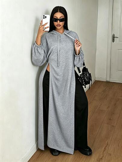 Mawevolt Plus Size Women's Sexy Long Sweatshirt Robe With Side Slit, Drawstring Hood, Loose Fit, Lantern Long Sleeves, Casual Long Dress, Solid Color, Flattering Long Outerwear Sweatshirt
