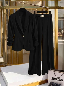 SHEIN LUNE CURVE Plus Size Women's Autumn/Winter Thin Solid Black Elastic Textured Fabric Minimalist Fitted Long Sleeve Ruched Single-Breasted Blazer And Matching Metal Button Decor Minimalist Fashion Straight Leg Pants Ultra Elastic Suit Set, Suitable For Business Commute And Daily Occasions - Black - View 4
