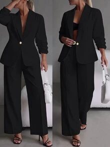 SHEIN LUNE CURVE Plus Size Women's Autumn/Winter Thin Solid Black Elastic Textured Fabric Minimalist Fitted Long Sleeve Ruched Single-Breasted Blazer And Matching Metal Button Decor Minimalist Fashion Straight Leg Pants Ultra Elastic Suit Set, Suitable For Business Commute And Daily Occasions - Black - View 9