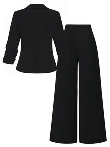 SHEIN LUNE CURVE Plus Size Women's Autumn/Winter Thin Solid Black Elastic Textured Fabric Minimalist Fitted Long Sleeve Ruched Single-Breasted Blazer And Matching Metal Button Decor Minimalist Fashion Straight Leg Pants Ultra Elastic Suit Set, Suitable For Business Commute And Daily Occasions - Black - View 2