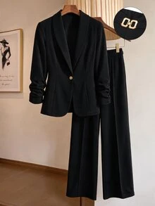 SHEIN LUNE CURVE Plus Size Women's Autumn/Winter Thin Solid Black Elastic Textured Fabric Minimalist Fitted Long Sleeve Ruched Single-Breasted Blazer And Matching Metal Button Decor Minimalist Fashion Straight Leg Pants Ultra Elastic Suit Set, Suitable For Business Commute And Daily Occasions - Black - View 3