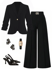 SHEIN LUNE CURVE Plus Size Women's Autumn/Winter Thin Solid Black Elastic Textured Fabric Minimalist Fitted Long Sleeve Ruched Single-Breasted Blazer And Matching Metal Button Decor Minimalist Fashion Straight Leg Pants Ultra Elastic Suit Set, Suitable For Business Commute And Daily Occasions - Black - View 7