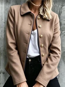 Louniche Elegant Casual Brown Button Blue Trim Women's Overcoat - Brown - View 3