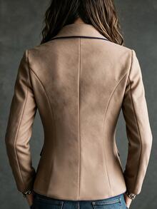 Louniche Elegant Casual Brown Button Blue Trim Women's Overcoat - Brown - View 2