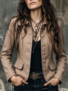 Louniche Elegant Casual Brown Button Blue Trim Women's Overcoat - Brown - View 1