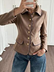 Louniche Elegant Casual Brown Button Blue Trim Women's Overcoat - Brown - View 6