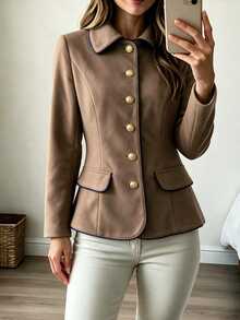 Louniche Elegant Casual Brown Button Blue Trim Women's Overcoat - Brown - View 7