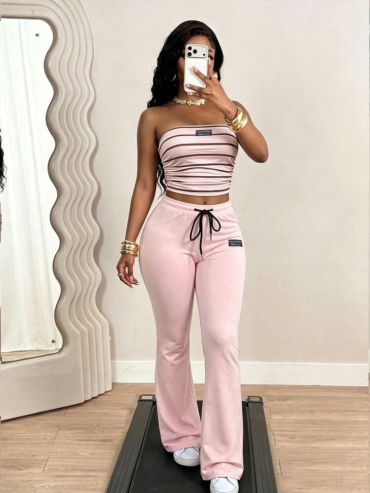 BamGleam Summer Casual Street Style Sexy Fitted Badge Decor Bandeau Top + High Waist Flare Pants Women's Two Pieces Set. Pink Striped Dusty Pink,Wedding Season - Pink - View 6
