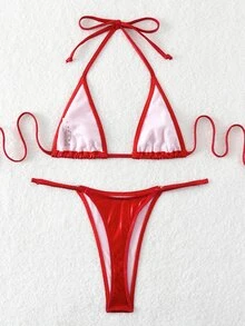 SHEIN Swim 2pcs Women Vacation Beach Sexy Bikini Set Summer - Red - View 2