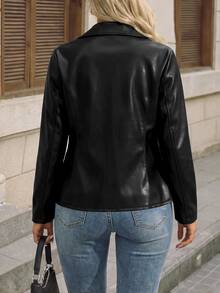SHEIN LUNE CURVE Jaket Wanita Ukuran Besar Musim Gugur/Dingin Warna Hitam Polos Tanpa Lapisan, Desain Asimetris Modis, Lengan Panjang dengan Resleting, dan Pengencang Pinggang, Cocok untuk Bepergian dan Pemakaian Sehari-hari - Hitam - View 2