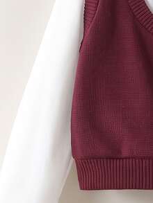 SHEIN Reset Phase 青少年女孩秋季套裝 2件/組 2合1長袖上衣 格紋百褶裙 校園 西部風 80年代 假期 白色酒紅棕色格紋 校外穿搭 - 酒紅色 - 查看 5