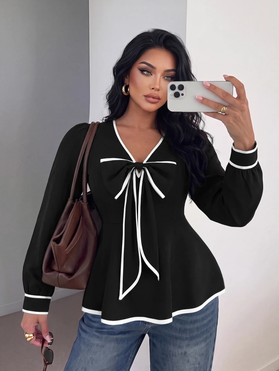 GlowEve CURVE بلوزة نسائية أنيقة للعمل بمقاس كبير، بياقة على شكل حرف V، تصميم فيونكة باللونين الأسود والأبيض، خصر مجعد، تنورة على شكل حرف A، أكمام طويلة، مناسبة للربيع/الخريف