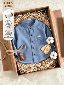 SHEIN Boys' Blue Small Stand Collar Full Button-Down Shirt, Suitable For School, Daily Outings And Multiple Occasions - Baby Blue - View 3