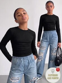 Elladie kids Setelan 2 Potong untuk Anak Perempuan Remaja: Atasan Lengan Panjang Berkerut dan Celana Jeans Sobek Longgar, Pakaian Kasual Lucu Streetwear dengan Efek Cetak, Cocok untuk Sekolah atau di Luar Kampus, Warna Hitam Biru, Musim Gugur - MultiWarna - View 1