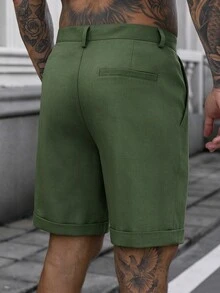 Manfinity Homme 男士纯色口袋休闲短裤，夏季 - 綠色 - 查看 2