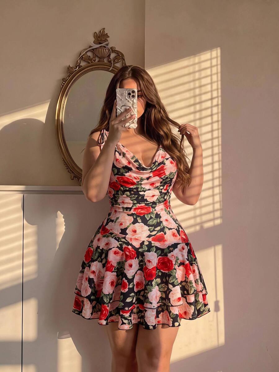 SHEIN MOD Plus Floral Print Draped Collar Ruffle Hem Dress - Multicolor - View 1