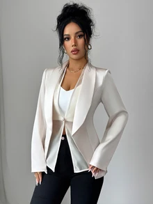 Elenzga Women's Satin Lapel Single-Button Long Sleeve Blazer, Slim Fit Asymmetrical Hem Elegant Commute Outerwear Wedding Dinner Formal Cream White Autumn - Khaki - View 4