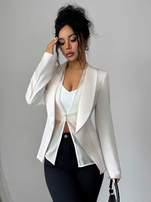 Elenzga Women's Satin Lapel Single-Button Long Sleeve Blazer, Slim Fit Asymmetrical Hem Elegant Commute Outerwear Wedding Dinner Formal Cream White Autumn - Khaki - View 7