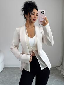 Elenzga Women's Satin Lapel Single-Button Long Sleeve Blazer, Slim Fit Asymmetrical Hem Elegant Commute Outerwear Wedding Dinner Formal Cream White Autumn - Khaki - View 6