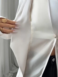Elenzga Women's Satin Lapel Single-Button Long Sleeve Blazer, Slim Fit Asymmetrical Hem Elegant Commute Outerwear Wedding Dinner Formal Cream White Autumn - Khaki - View 5