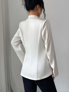 Elenzga Women's Satin Lapel Single-Button Long Sleeve Blazer, Slim Fit Asymmetrical Hem Elegant Commute Outerwear Wedding Dinner Formal Cream White Autumn - Khaki - View 2