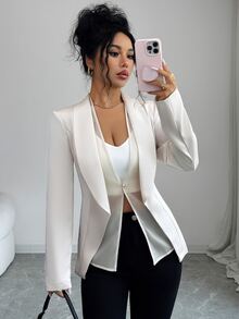 Elenzga Women's Satin Lapel Single-Button Long Sleeve Blazer, Slim Fit Asymmetrical Hem Elegant Commute Outerwear Wedding Dinner Formal Cream White Autumn - Khaki - View 3