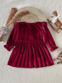 SHEIN 1件女嬰洋裝，春秋森系刺繡休閒洋裝，適合幼童 - 酒紅色 - 查看 5