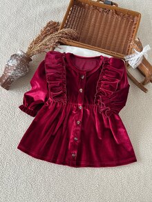 SHEIN 1件女嬰洋裝，春秋森系刺繡休閒洋裝，適合幼童 - 酒紅色 - 查看 4