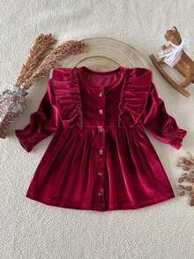 SHEIN 1件女嬰洋裝，春秋森系刺繡休閒洋裝，適合幼童 - 酒紅色 - 查看 3