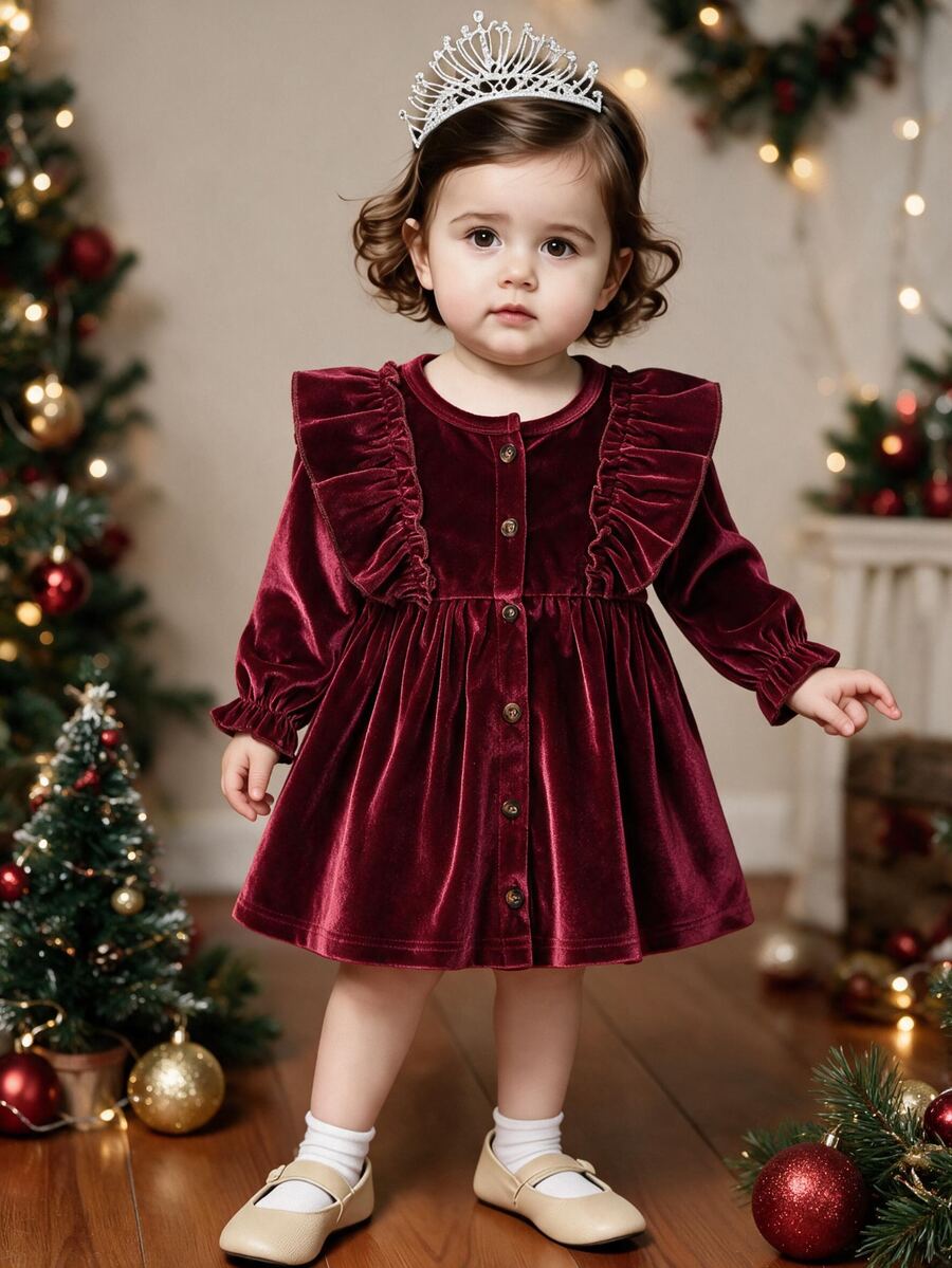 SHEIN 1件女嬰洋裝,春秋森系刺繡休閒洋裝,適合幼童 - 酒紅色 - 查看 1