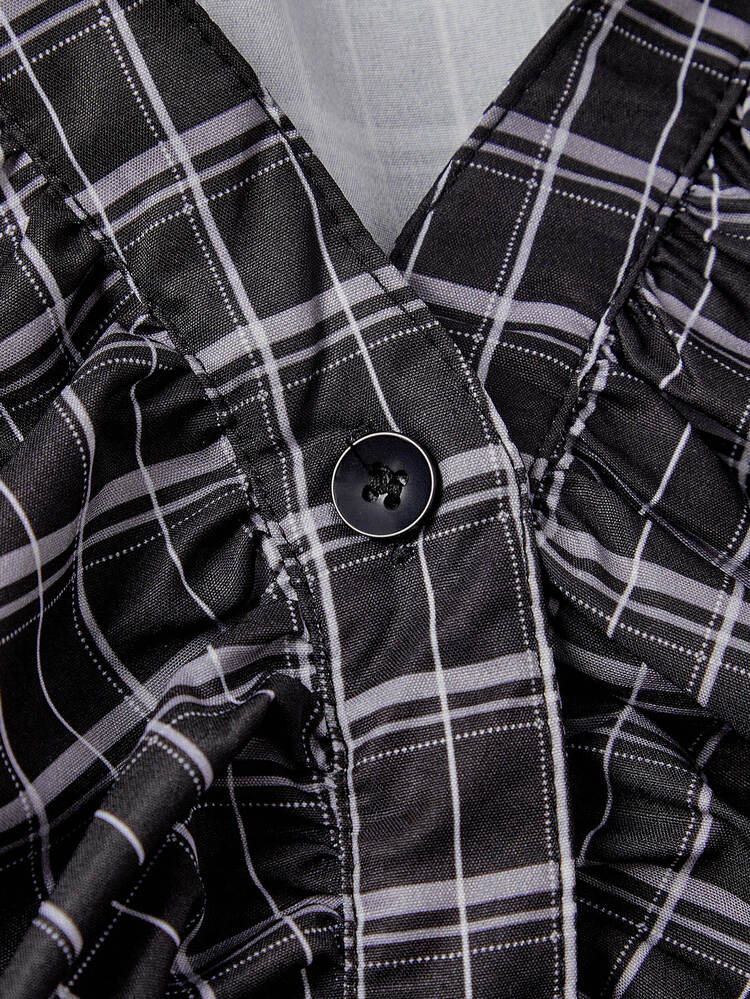 SHEIN MOD Plus Size College Plaid Button Pleated Short Sleeve Shirt, Summer - Black - View 5